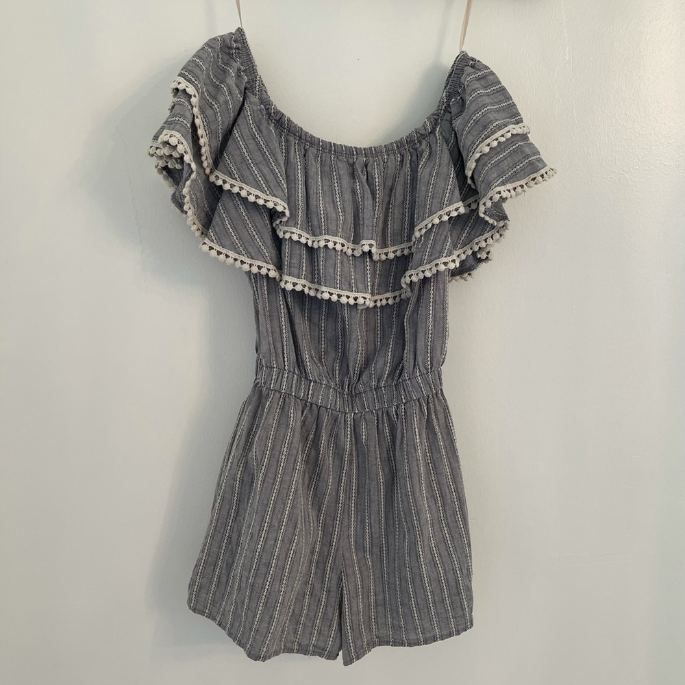 Whyte Eyelash denim off the shoulder romper